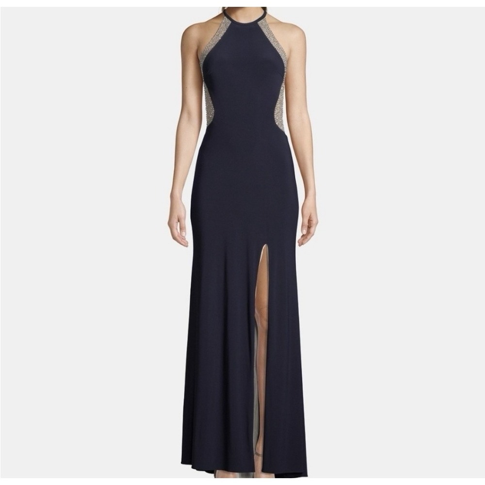 Xscape Halter Neck Navy Gown Embellished Intricate Gold Beaded Panels Size 6